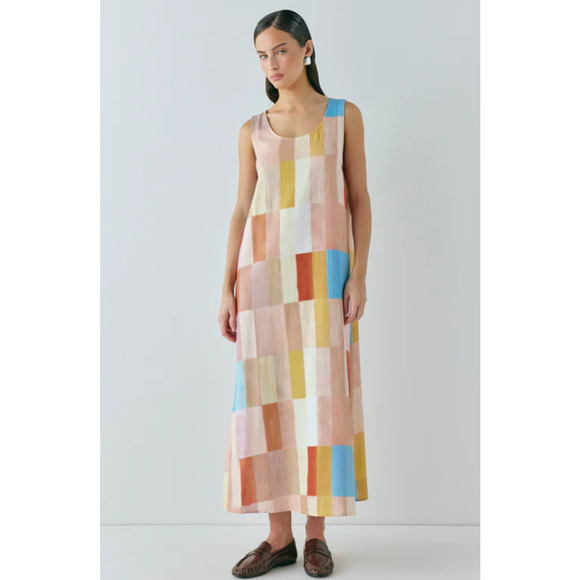 VRG GRL Dresses & Skirts - VRG GRL Womens Cate Smock Patchwork Maxi Dress Sleeveless Linen Blend Size 6